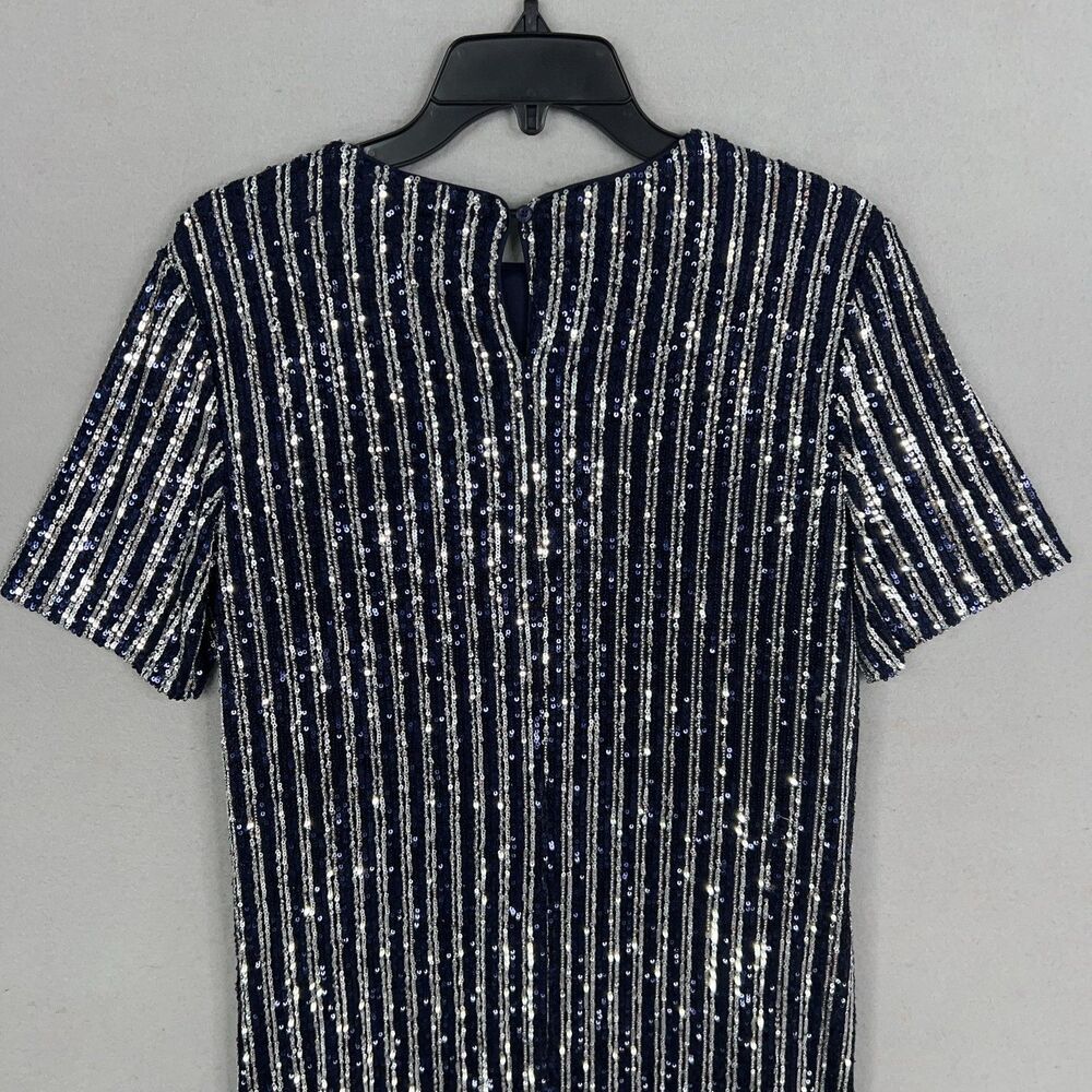 Anthropologie Flat White Dress Women Small Navy Blue Silver Sequin Striped Party - Picture 12 of 16